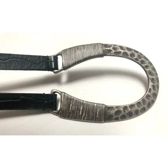 Chicos Black Leather Hip Belt Adjustable Pewter Boho Horseshoe Buckle M/L 31-44” - Picture 3 of 16